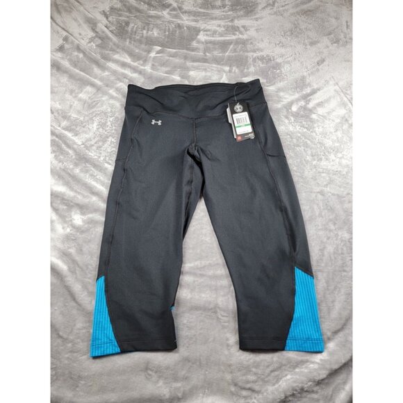 NEW Under Armour Fly Capri Compression Leggings Large black/aqua Blue heat‎ gear - Picture 1 of 11
